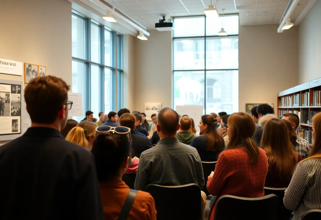 Audience participating in a lecture about the Vietnam War at a library.