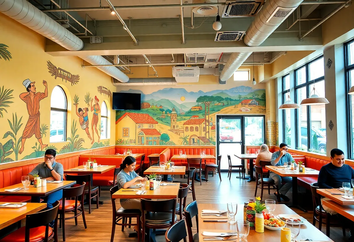 Inside the new Whataburger restaurant in Lexington, SC, showing dining area and custom mural.
