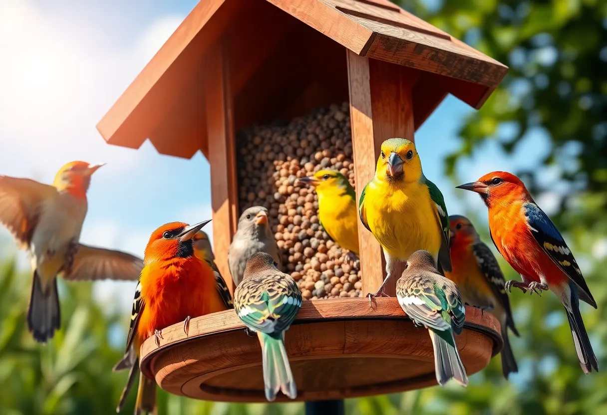 Birds feeding at a bird feeder during the Wild Birds Unlimited event
