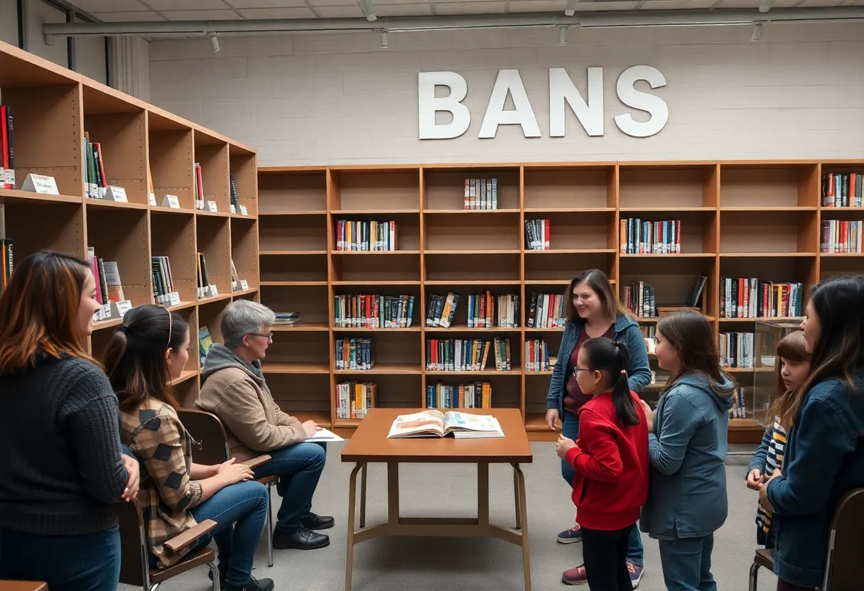 Empty library shelves illustrating book bans