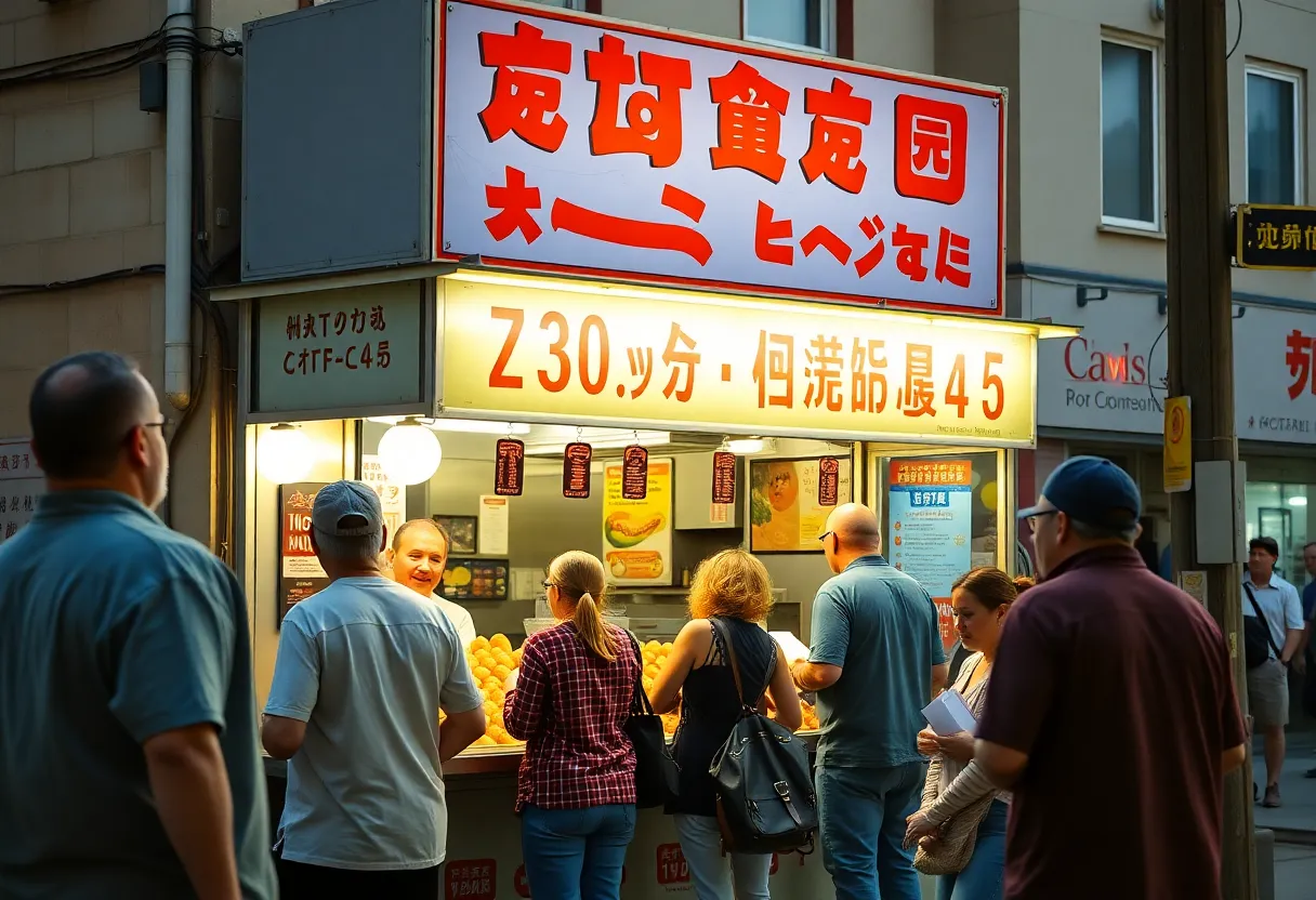 Hot dog stand in Columbia with happy customers