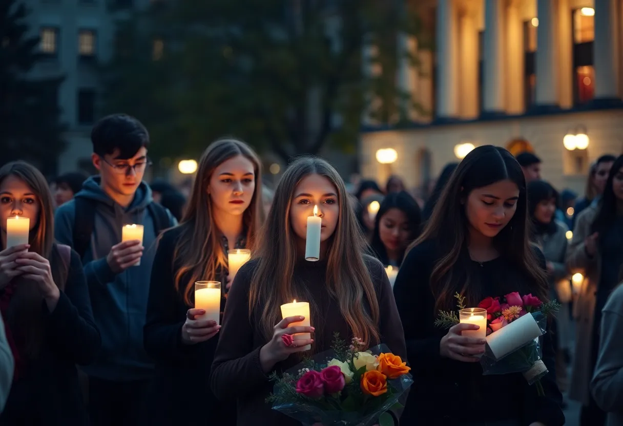 Students holding candles at a vigil for a murdered college student