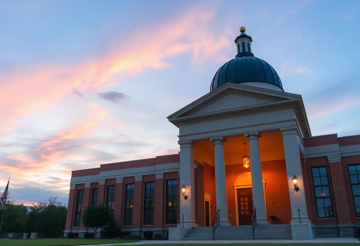 Cayce city government building at sunset