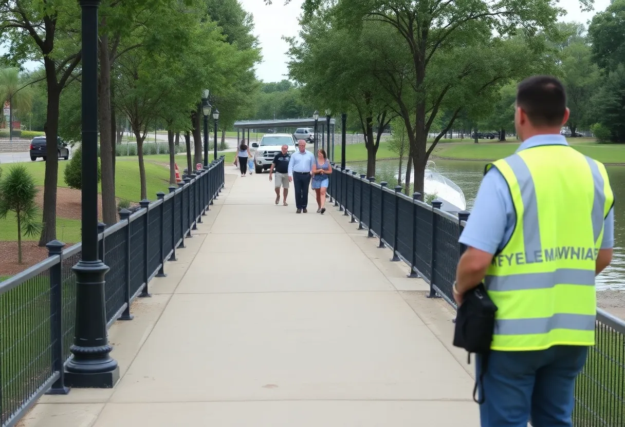 Community area along the Cayce Riverwalk showcasing safety and vigilance.