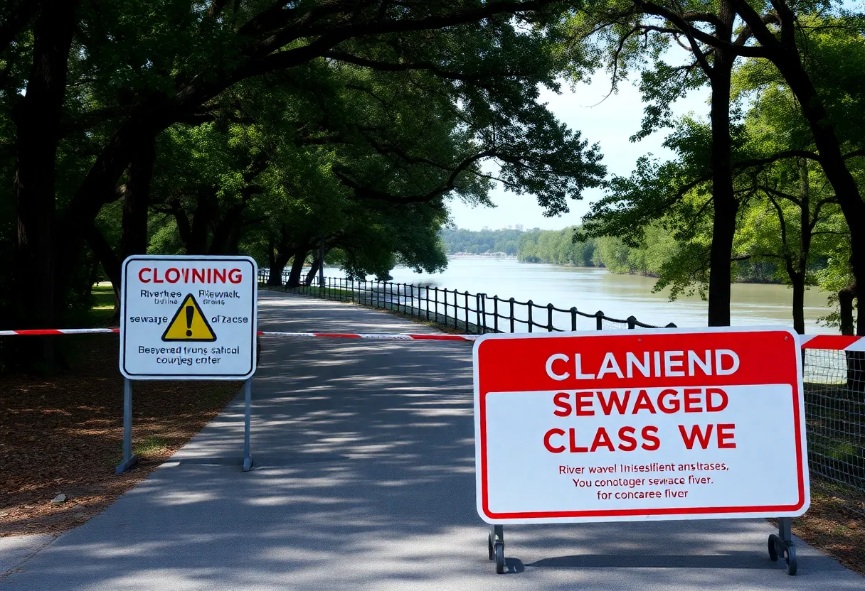 View of closed Cayce Riverwalk with warning signs and Congaree River