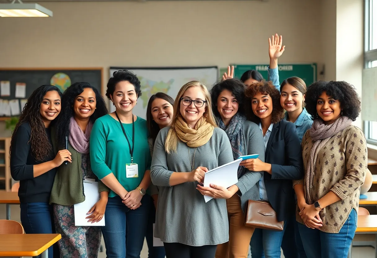 Group of educators celebrating their achievements in a school environment.