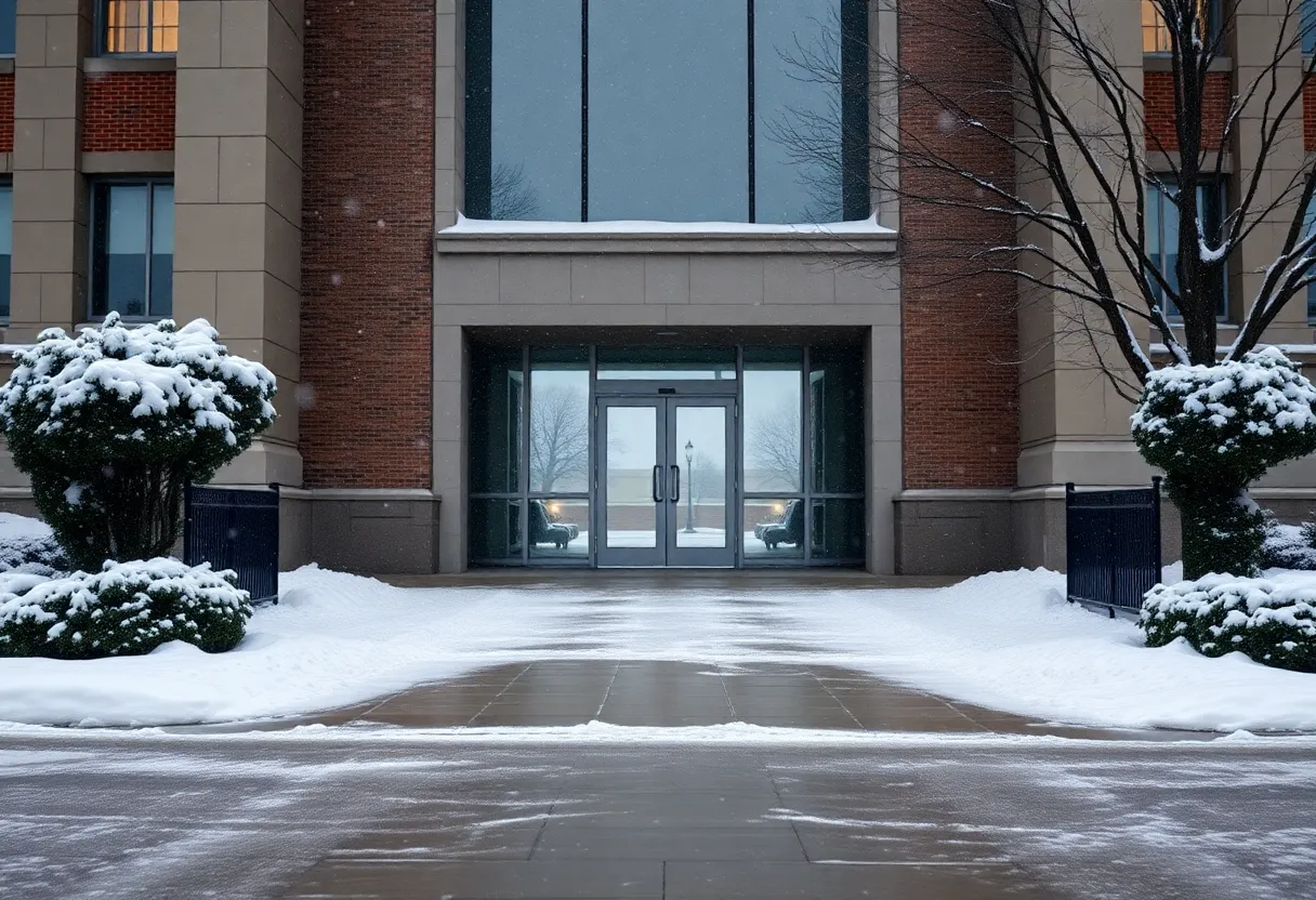 An empty state government building during a winter storm