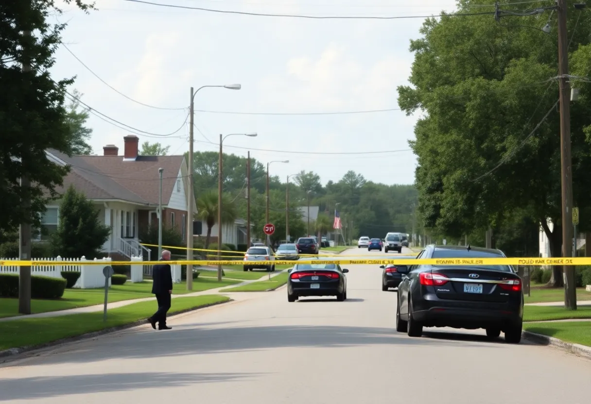 Suburban street with police presence during an investigation.
