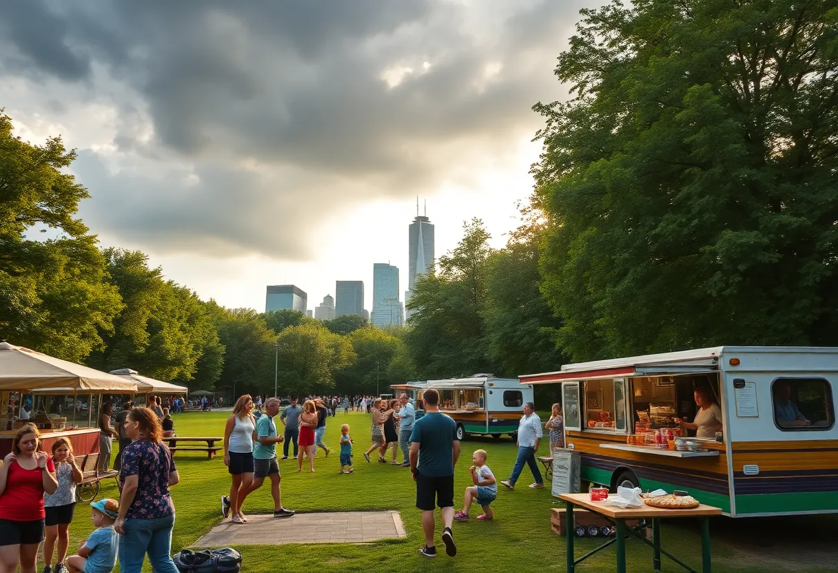 Families enjoying food trucks and outdoor activities in Charlotte park