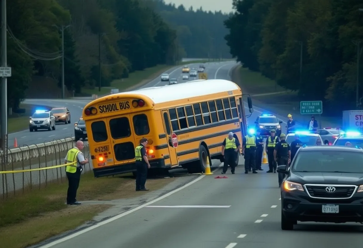 Overturned school bus on highway with emergency vehicles present
