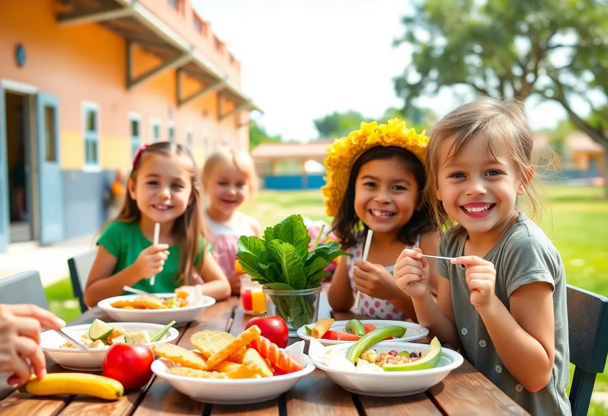 Children eating healthy summer meals outdoors