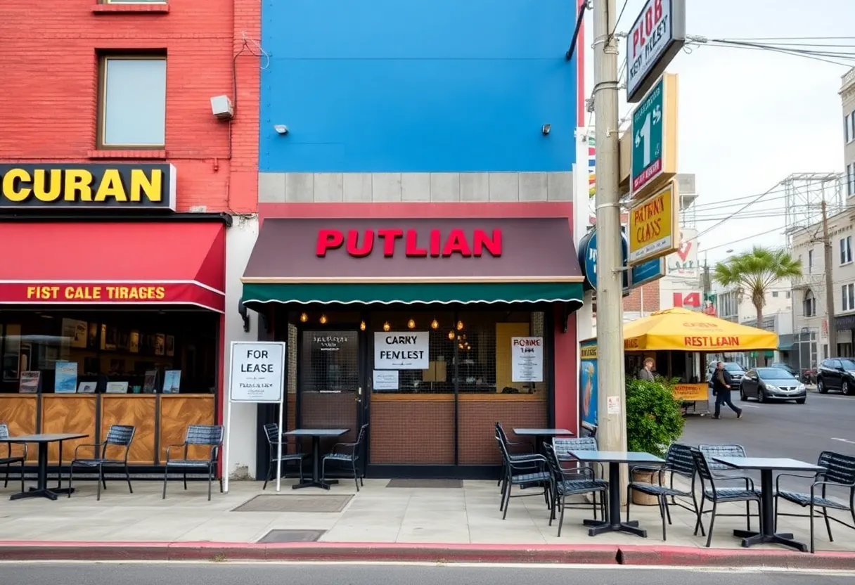 A view of a closed restaurant with a 'For Lease' sign in the Midlands area.