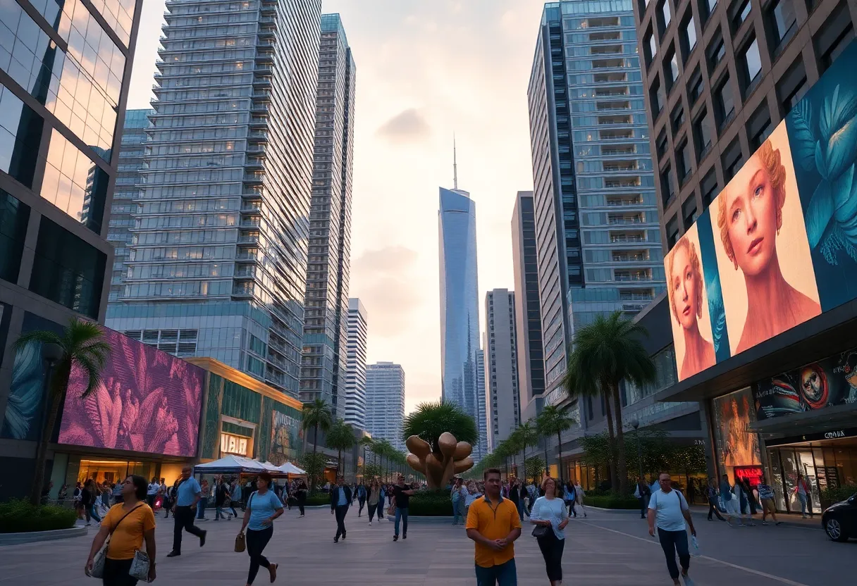 Proposed high-rise towers in downtown Columbia with pedestrians and artwork.