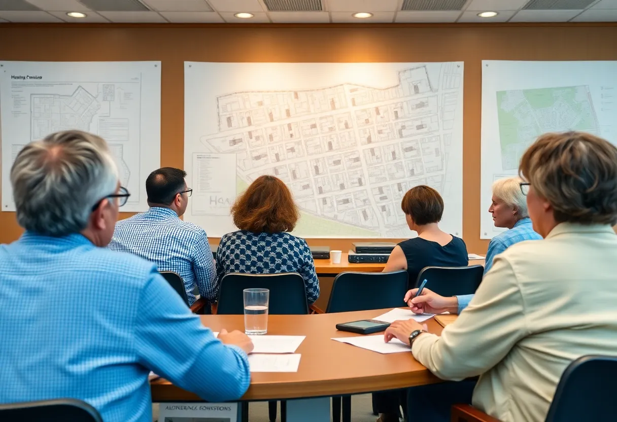 Community members discussing housing developments at a planning commission meeting in Columbia.
