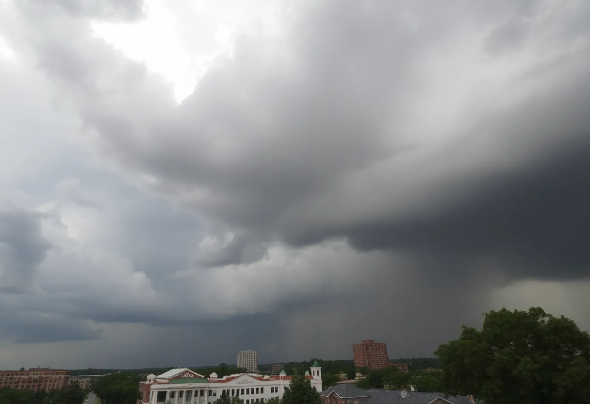 Stormy weather conditions in Columbia SC with dark clouds and rain.