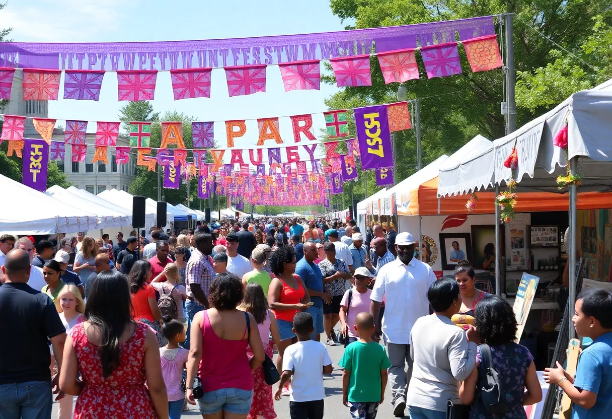 Community festival in Columbia SC featuring music, arts, and families enjoying activities.