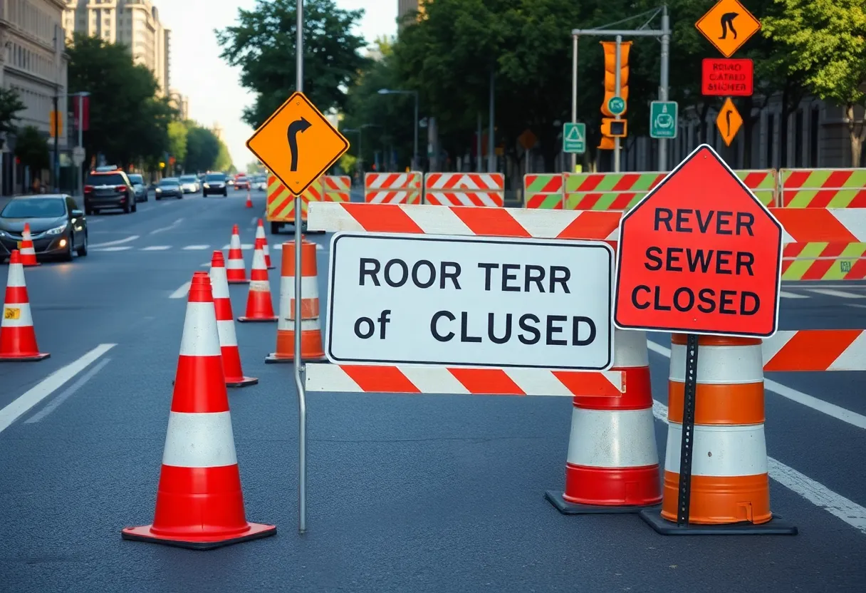 Construction site with road closure signs in Columbia SC