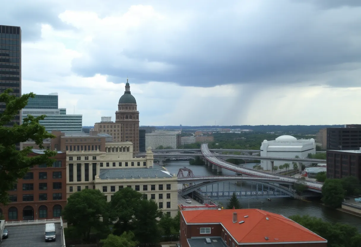 Stormy weather over Columbia South Carolina with urban skyline