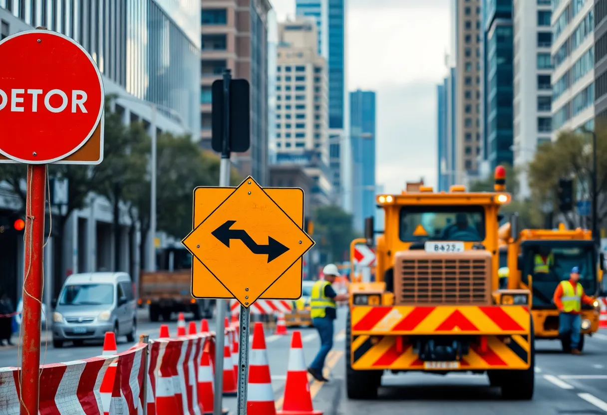 Traffic detour signs at construction site in Columbia