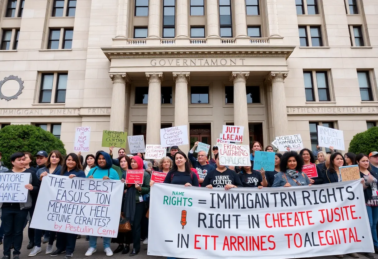 Community members gather to advocate for justice in front of a government building.
