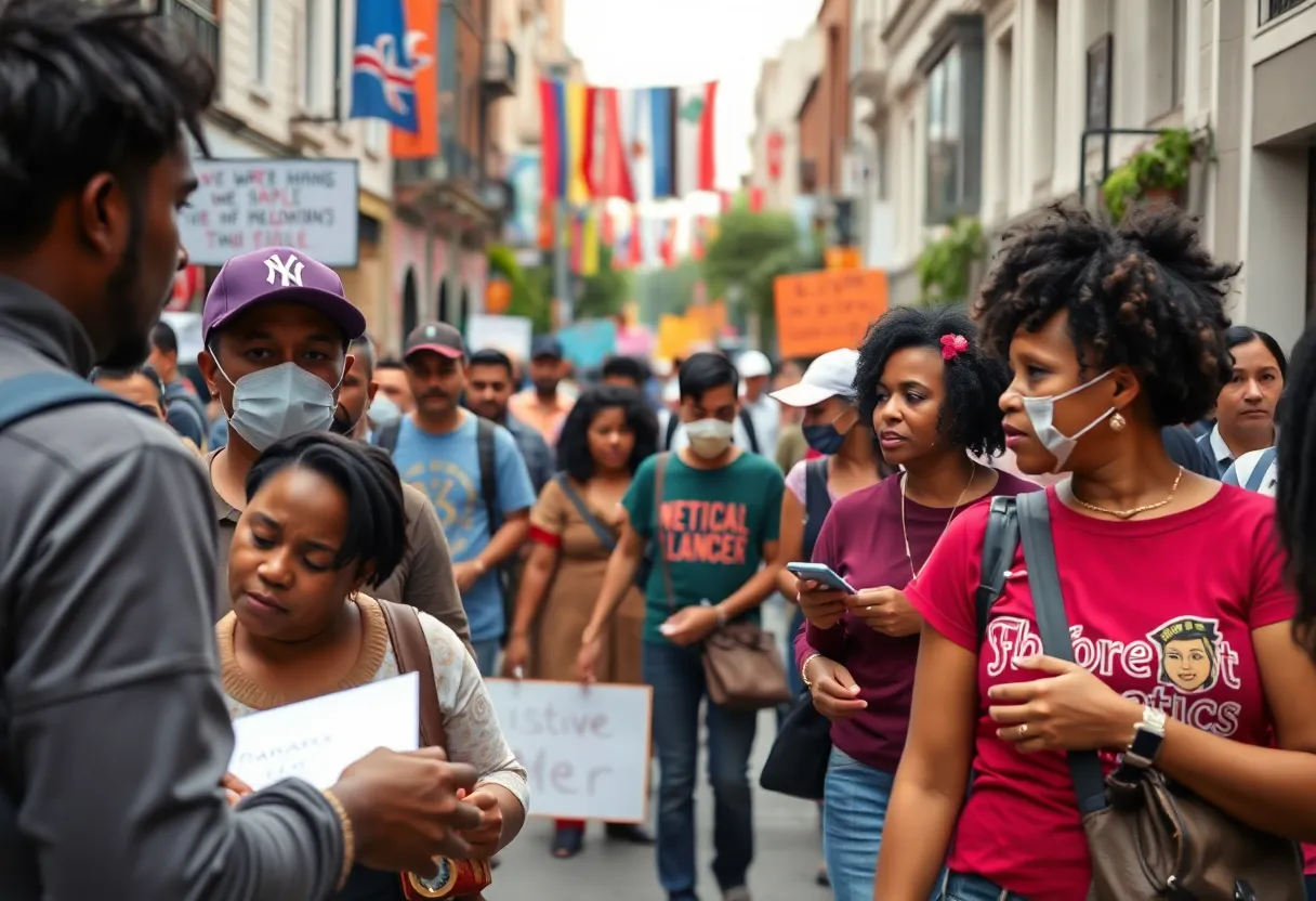 A lively street scene showcasing diverse community members.