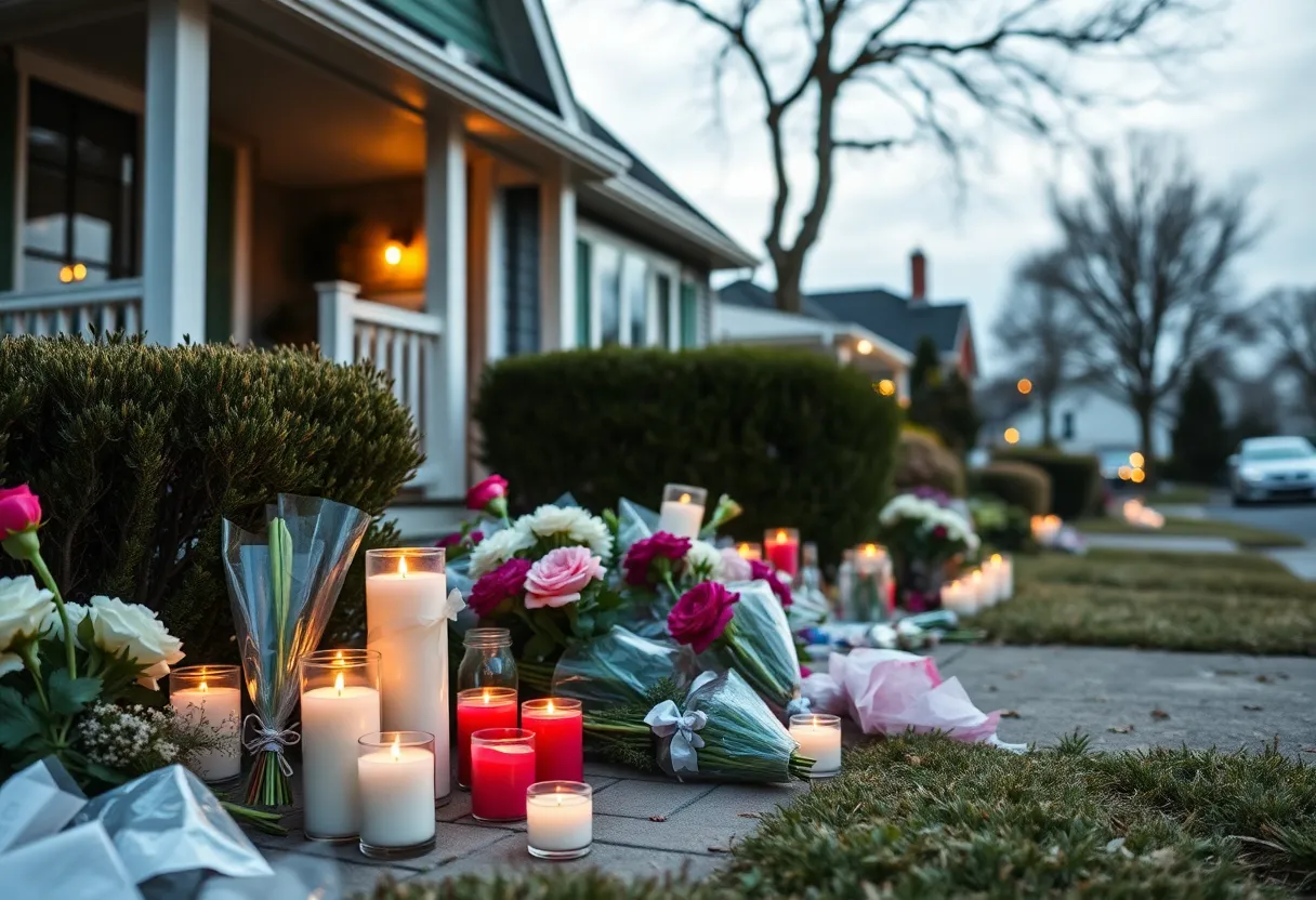 Candles and flowers at a memorial for a young student outside a home