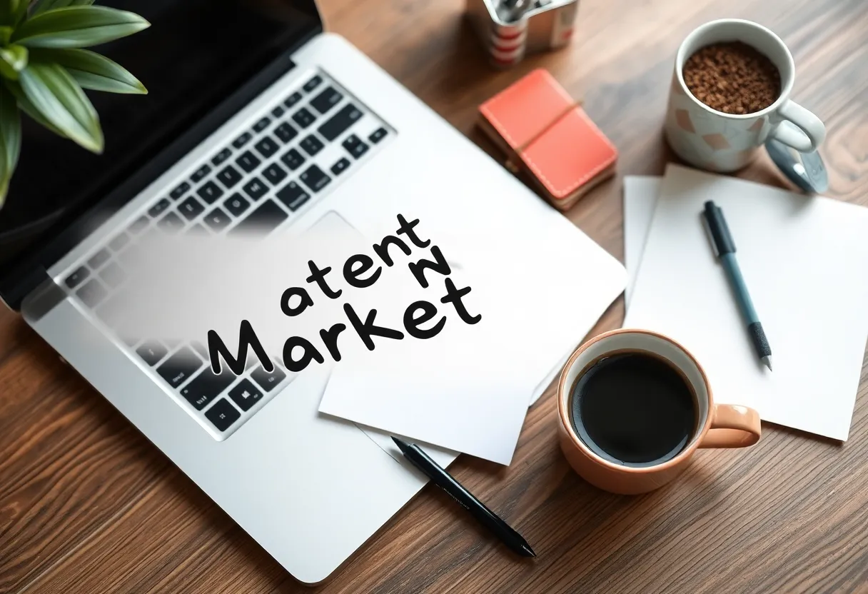 A workspace representing the creation of shareable content with a laptop and notes.