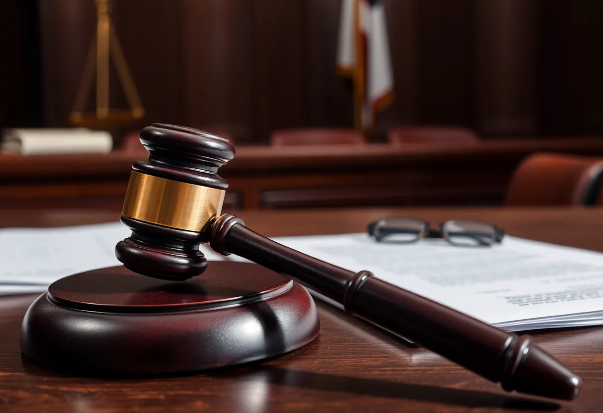 Courtroom with legal documents and a gavel