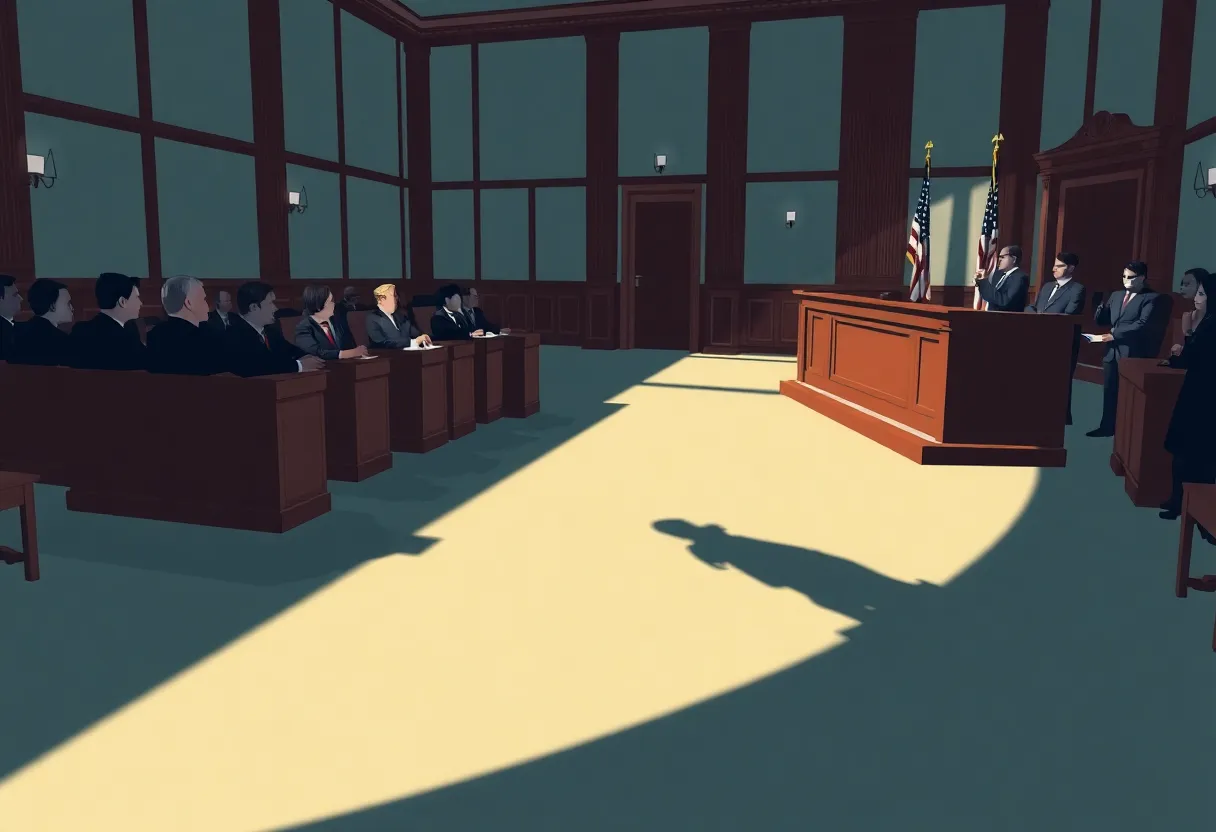 A courtroom with a jury table showing deliberation regarding police accountability.