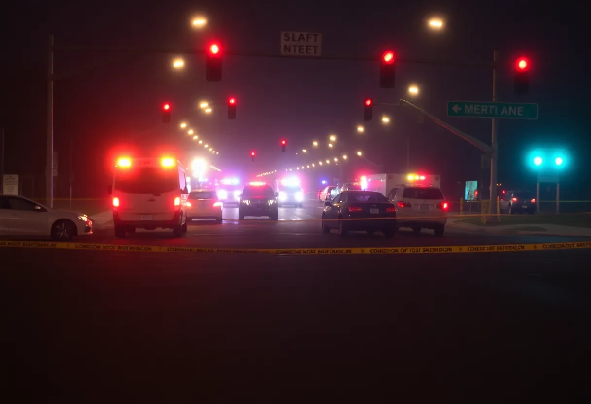 Nighttime view of a road intersection where a tragic DUI accident occurred, with emergency services present.