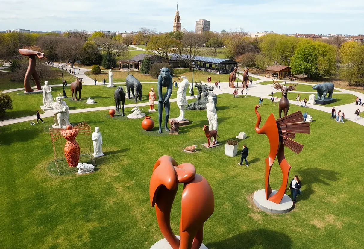 Sculptures in Finlay Park surrounded by grass and walking paths.