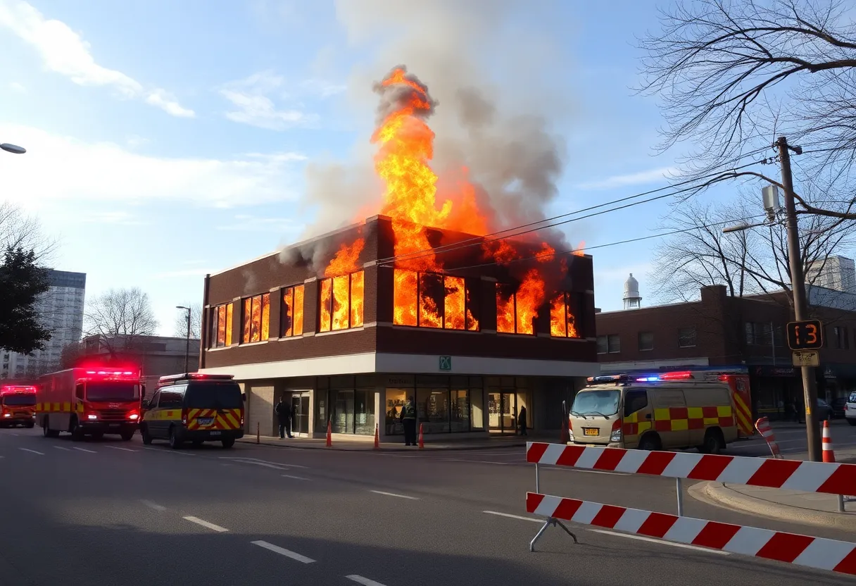 Firefighters battling a blaze at a commercial muffler shop