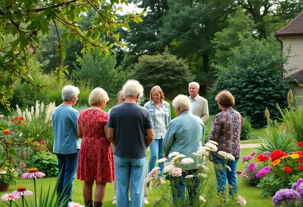 Family gathered in a serene garden, reflecting on a legacy of faith and community service.
