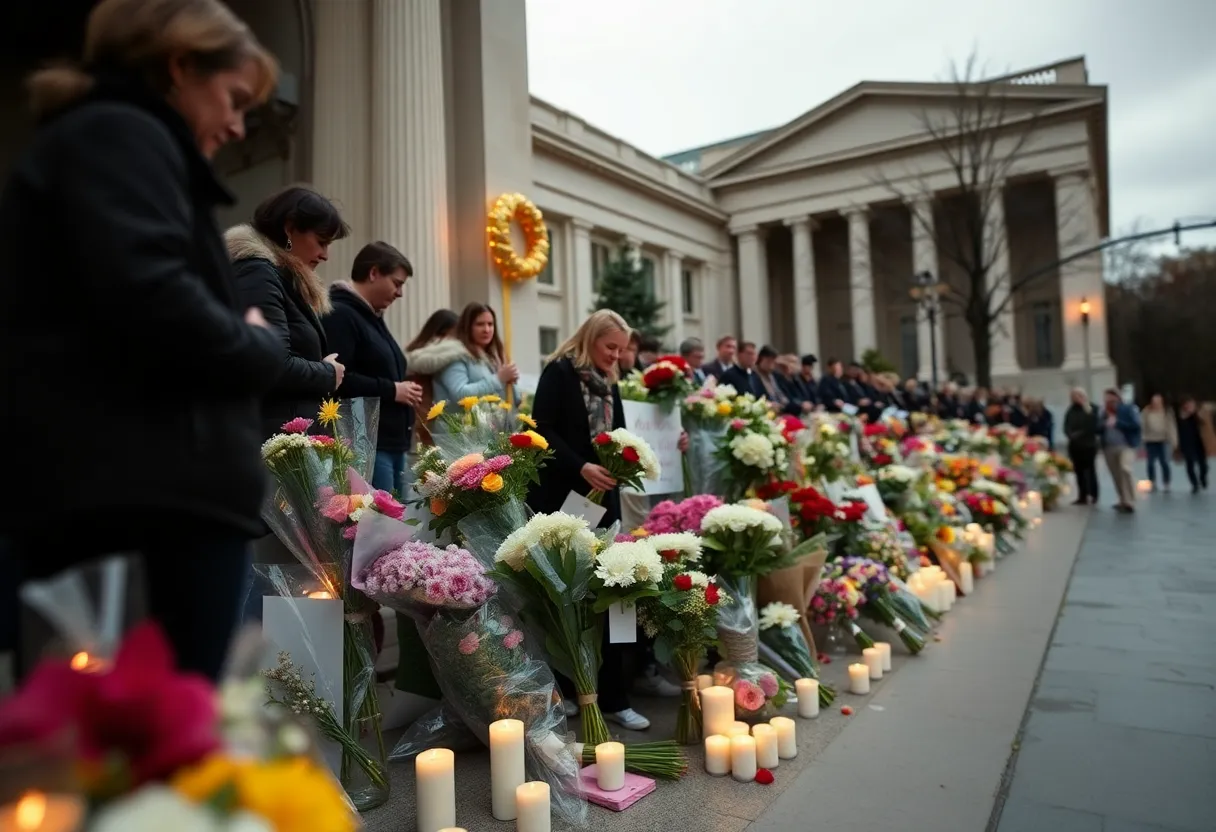 Memorial with flowers and candles outside the Jewish Museum