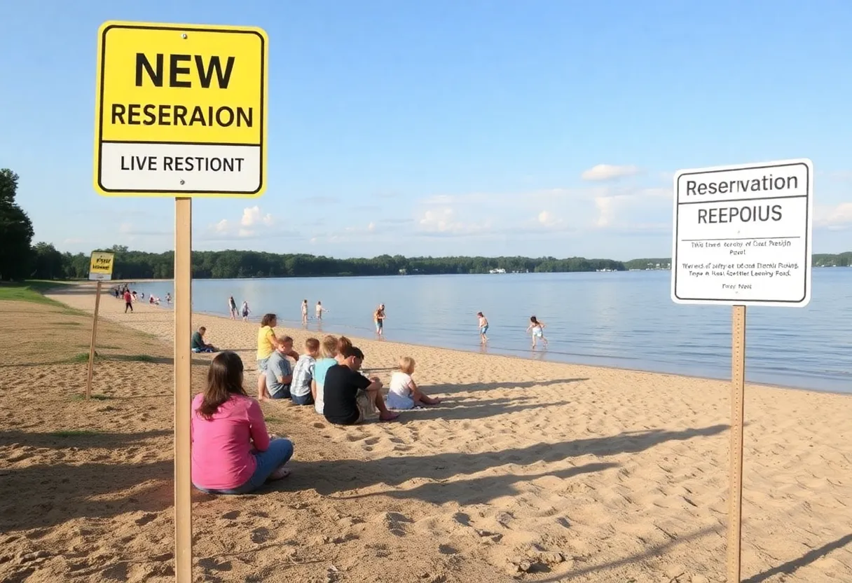 Families at Lake Murray beach with new reservation signs