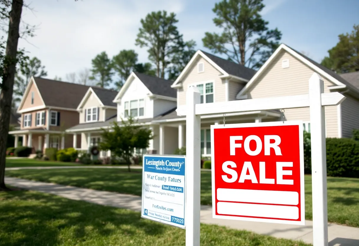 A row of residential homes in Lexington County with a 'For Sale' sign.