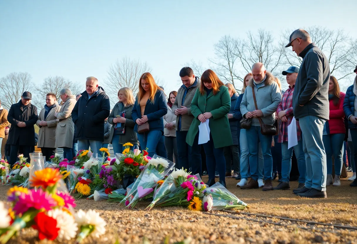 Community members mourning with flowers at memorial site in Lexington County.