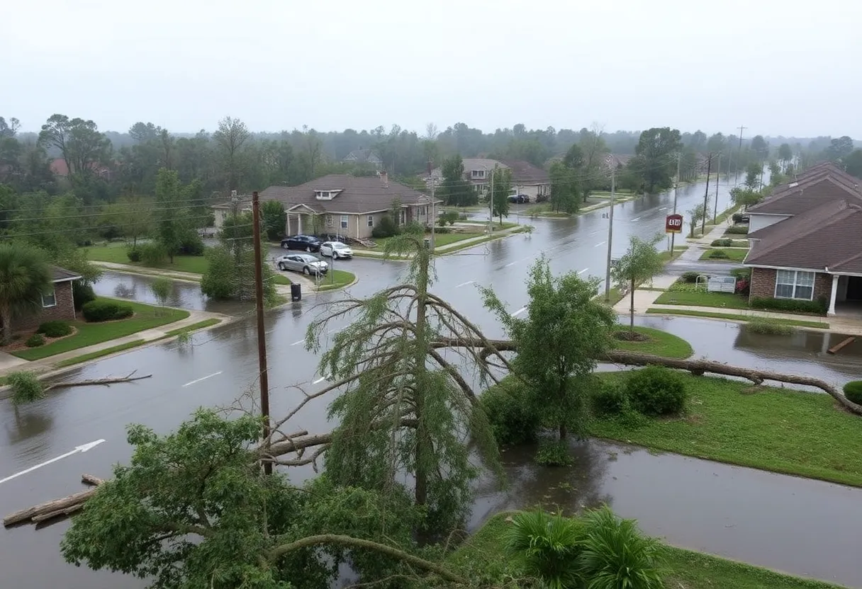 Flooded streets and fallen trees in Lexington SC post Hurricane Helene