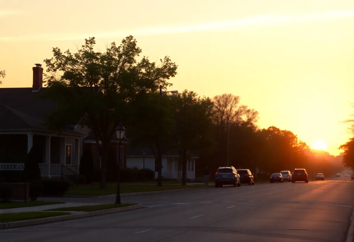 Quiet Lexington street with a sunset background