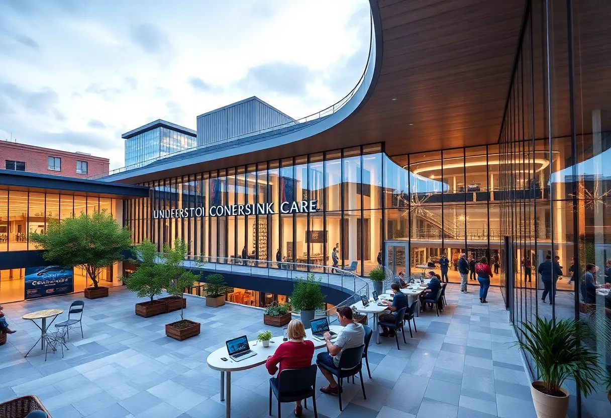 A bustling tech hub in the Midlands with innovative architecture and collaborative workspaces.