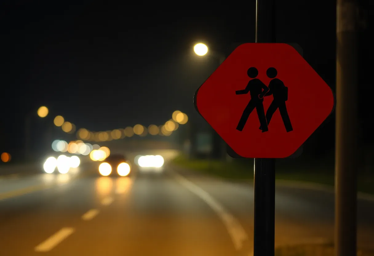 Highway scene with pedestrian crossing sign at dusk