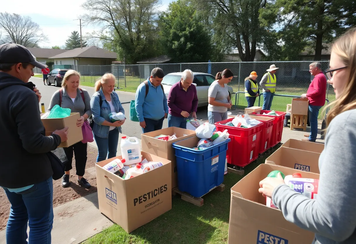 Community members at the pesticide disposal event, safely disposing of chemicals.