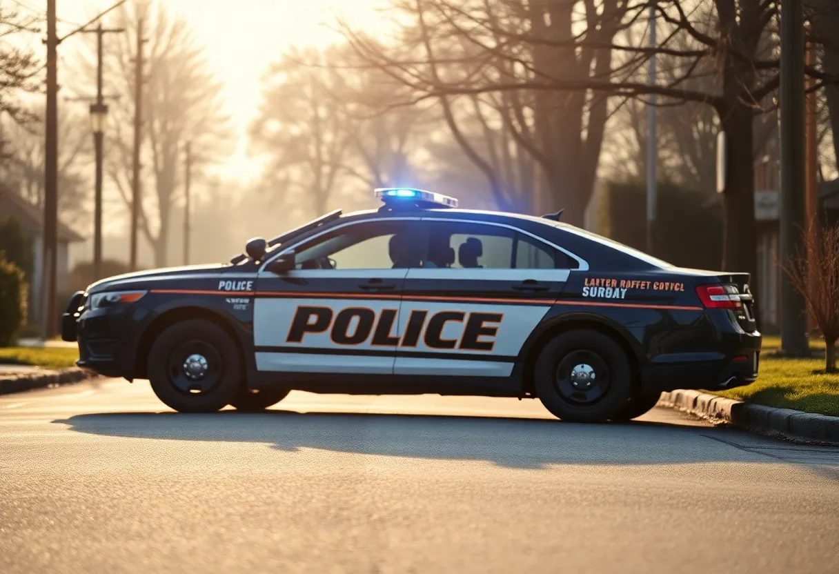 Police car parked on a suburban road during early morning hours.