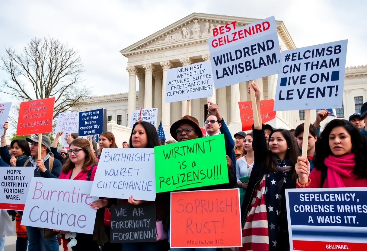 Demonstrators advocating for birthright citizenship rights outside the Supreme Court.