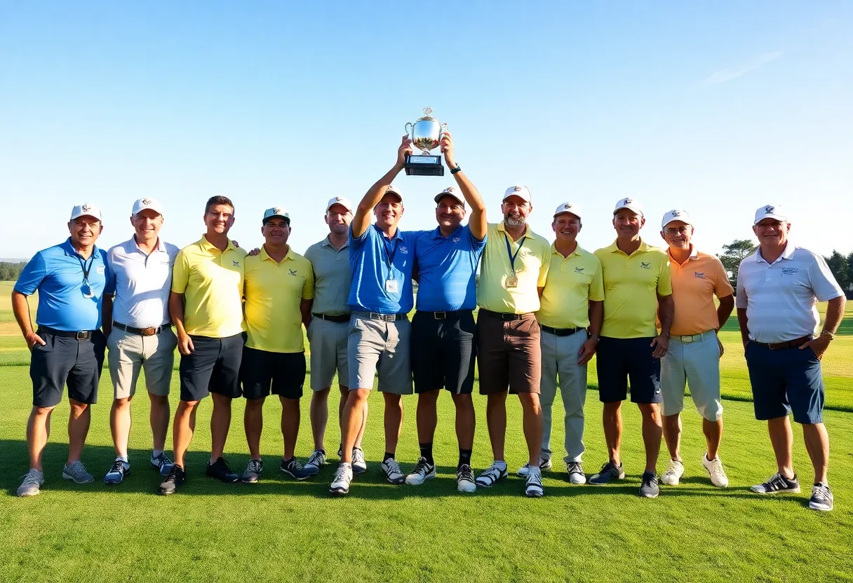 River Bluff boys golf team celebrating their state championship victory at Wildewood Golf Course.