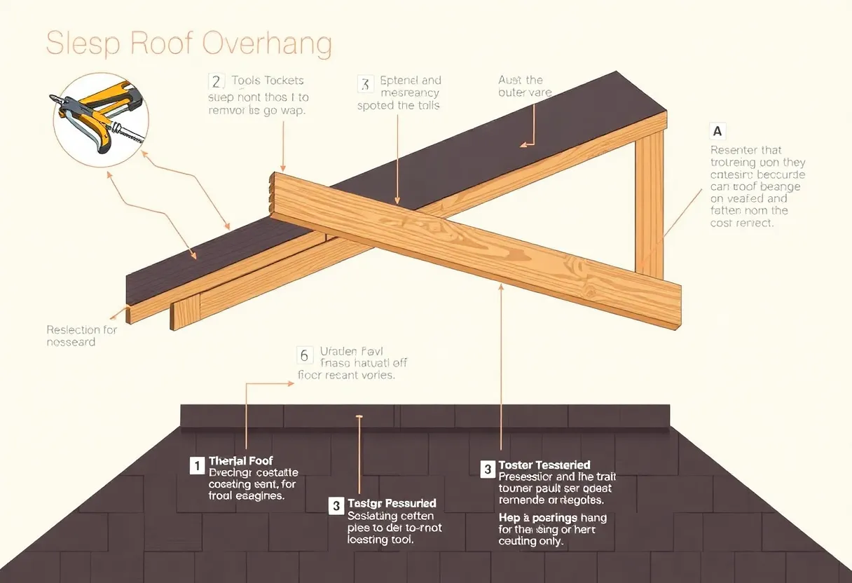Illustration of roof overhang installation process with tools and materials.