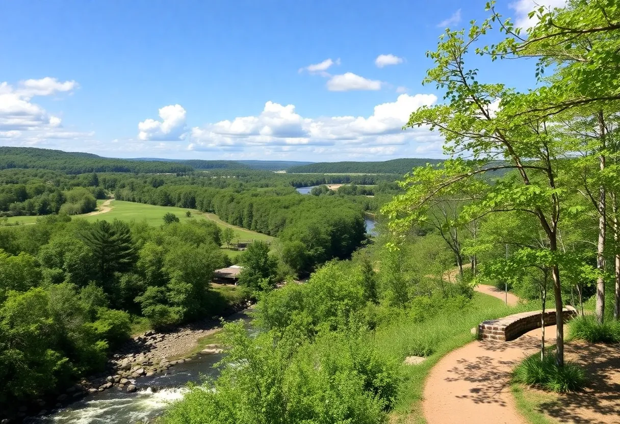 A picturesque view of the Saluda Shoals Riverwalk area with trails and parkland.