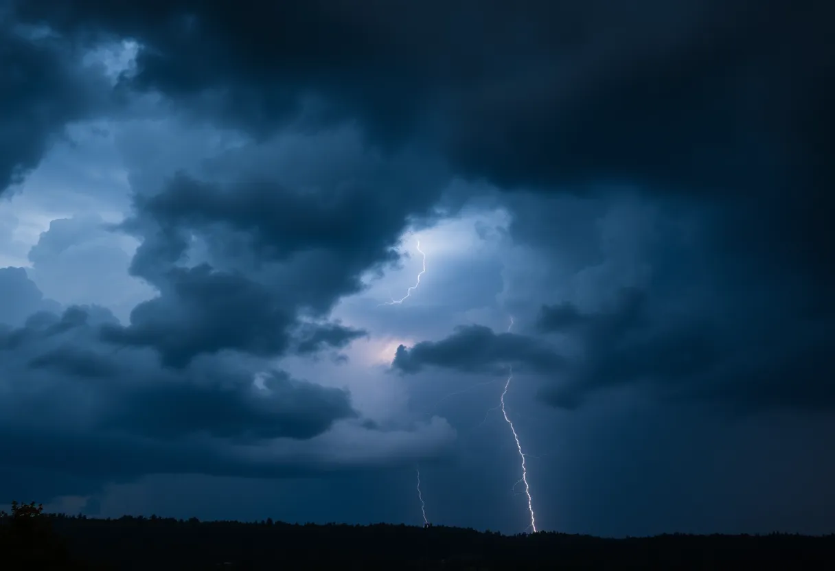 Dark clouds and rain over Maryland indicating severe storms
