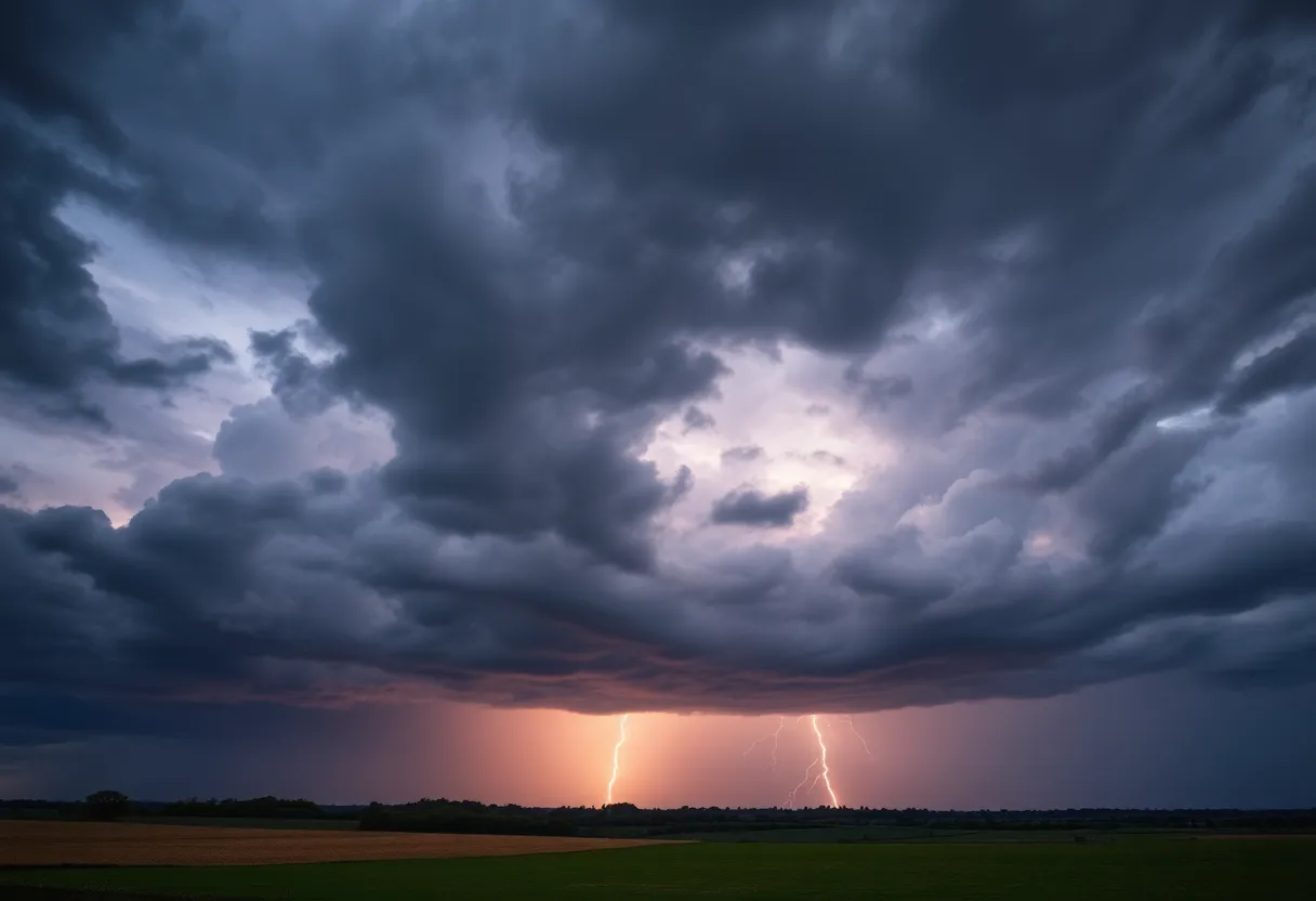 Dark storm clouds over Midlands landscape with lightning