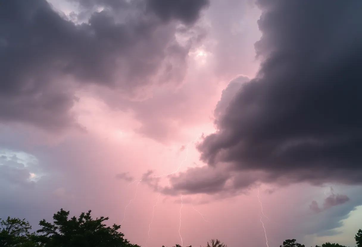 Dramatic sky with dark clouds and lightning in Columbia, SC during severe weather